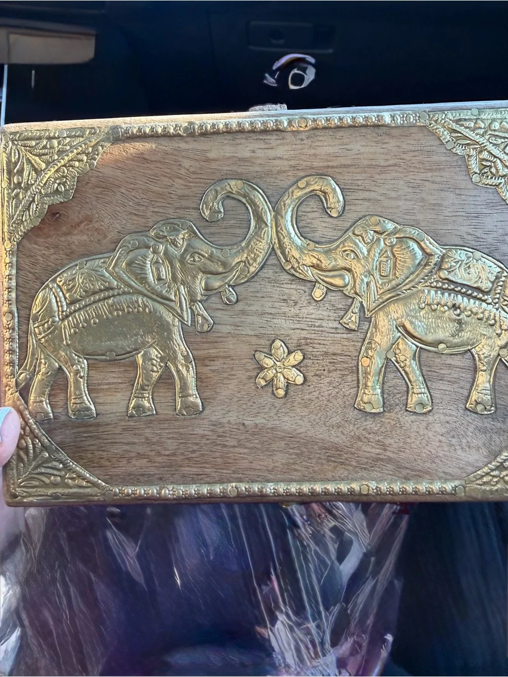 Handcrafted Wooden Jewelry Box with Gold Elephant Accents - Brown and Gold